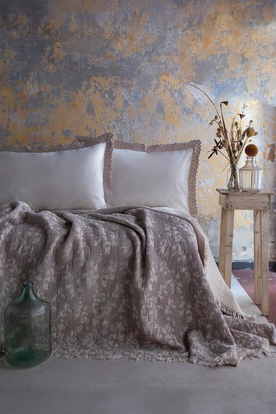 Apricitas HOME Marbella Beige Double 100% Cotton Bedspread + Flat Sheet Set