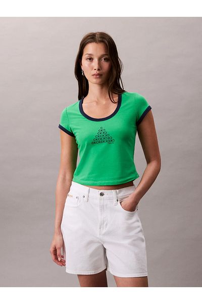 Calvin Klein Women's Slim Fit Round Neck Front Printed Cotton Short Sleeve Green T-Shirt Lv047C258G-L1X