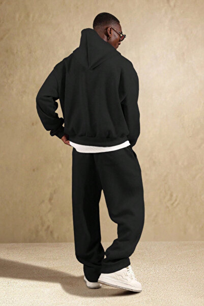 Tarz Cool Μαύρο Oversize Φαρδύ ανδρικό παντελόνι φούτερ με χαλαρή εφαρμογή