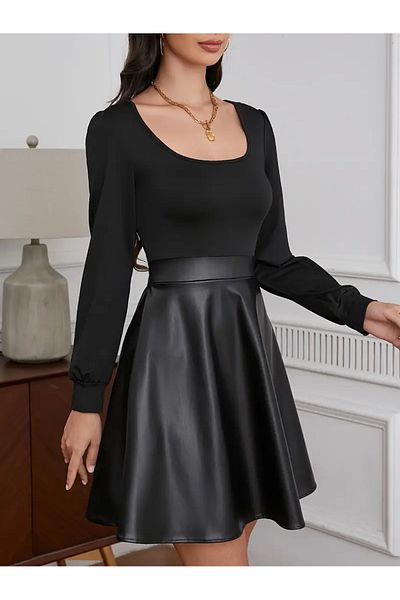 StilVibe Square Neck Lantern Long Sleeve Pu Dress