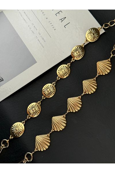 TABA BUTİK 2-Piece Gold Adjustable Women's Chain Belt with Mussel & Flower Buckle Detail