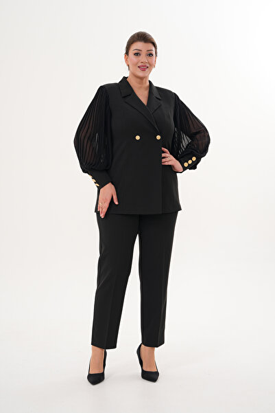 MODAMOR Plus Size Gold Button Detail Black Suit-Jacket Pants