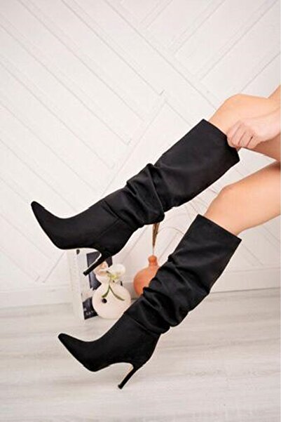 Budi Syt-2003 Black Suede Bellows Thin Heeled Daily Boots