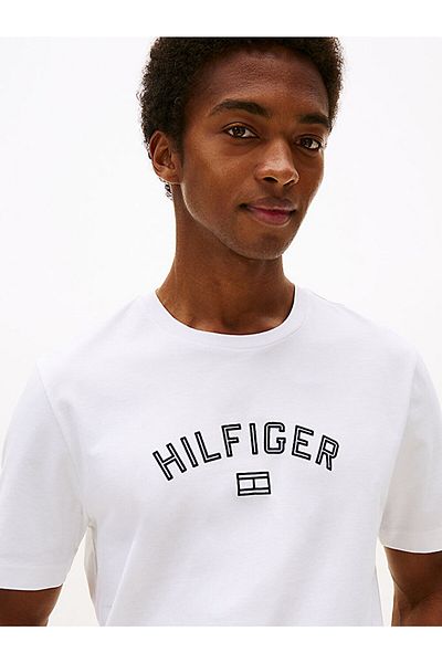 Tommy Hilfiger Men's Regular Fit Cotton Logo Printed Cotton Round Neck Short Sleeve White T-Shirt Mw0Mw39357-Y