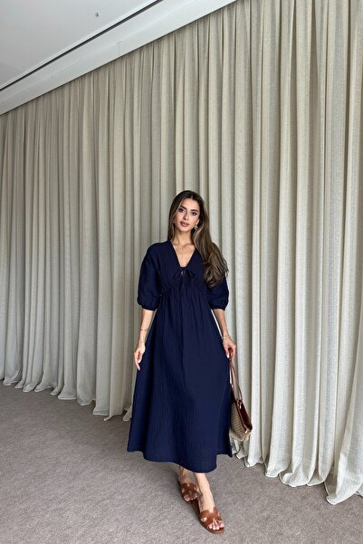 MAT Collection Kadın Lacivert Önü Bağlamalı Balon Kol Müslin Uzun Elbise