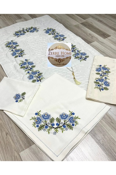 Çeyiz Bahçesi Çeyiz bahçesi kaneviçe nakış işlemeli seccade takımı mavi