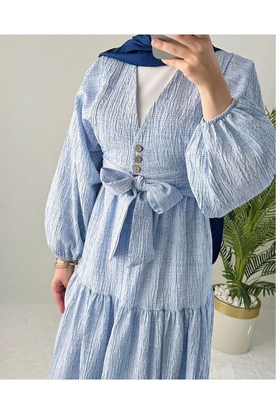 GALAVİP Women's Suitable for Hijab Seersucker Linen Balloon Sleeve Blouse Skirt 2-Piece Set