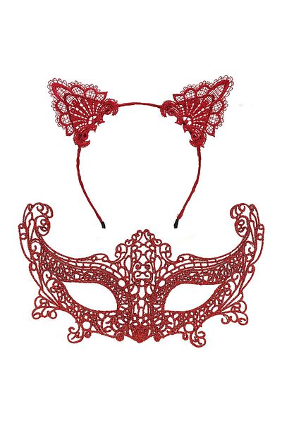 URZ GRUP Romantic Red Lace Mask Set – Cat Ear Crown and Mask No 3