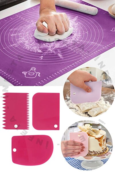 İnfeta Silicone Dough Rolling Mat 1 Piece and Set of 3 Dough Cutter Scraper S...