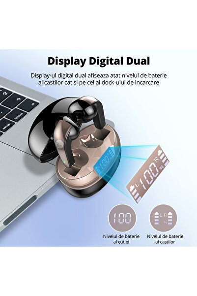 LittleDomi Casti Wireless Bluetooth 5.3, Control prin Atingere, Fara Fir, Carcasa Magnetica, Afisare LED