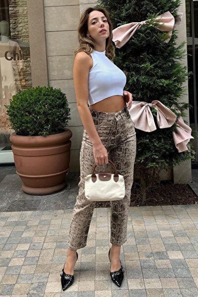 Seeh Pantaloni de damă cu model de șarpe bej închis SH175