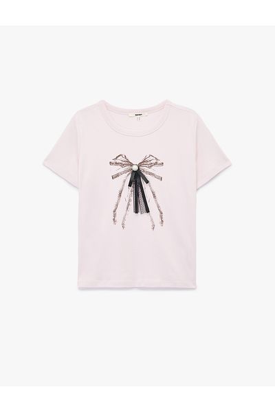 Koton Cotton Short Sleeve Bow Printed Brooch Detailed T-Shirt