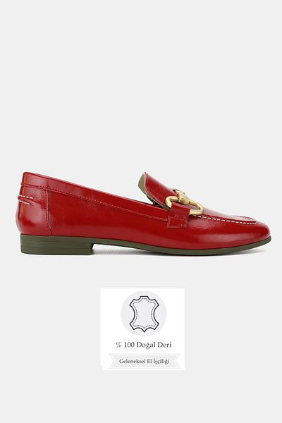 TUNAELLİ Women's Red Patent Leather Genuine Natural Leather 36-41 Number Buckle Ballet Flat