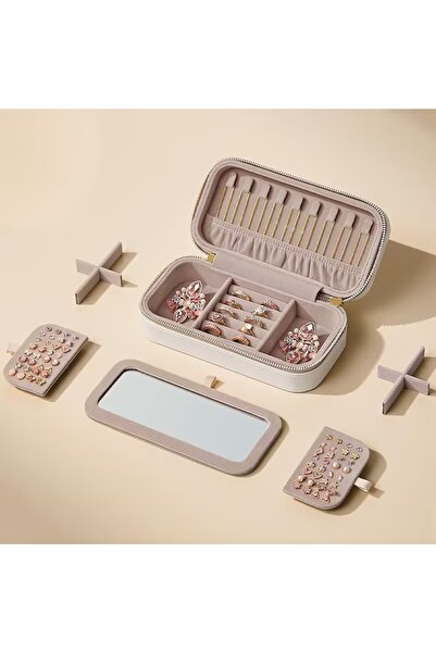 gaman Aynalı Lüx Deri Kaplama Beyaz Mücevher Çift Fermuar Takı Kutusu - Kolye, Yüzük, Küpe Düzenleyici