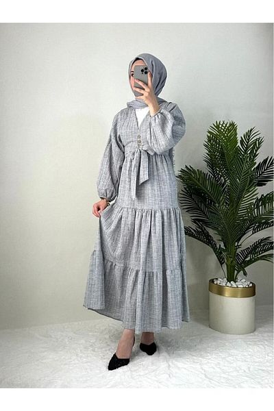 GALAVİP Women's Suitable for Hijab Seersucker Linen Balloon Sleeve Blouse Skirt 2-Piece Set