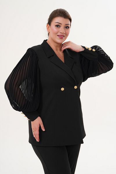 MODAMOR Plus Size Gold Button Detail Black Suit-Jacket Pants