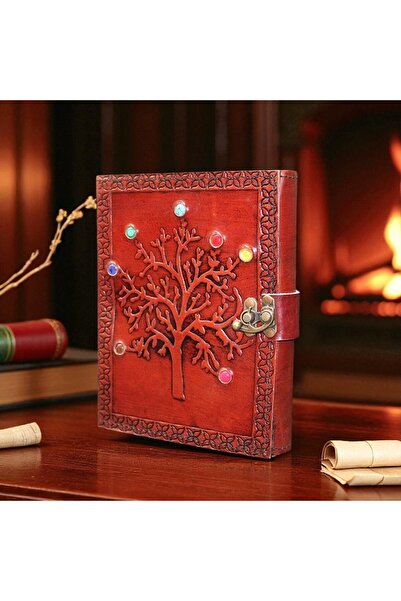 Kuzey Tacı Colorful Stone Tree of Life Embossed Handmade Leather Notebook – Vintage Design Vip with Lock