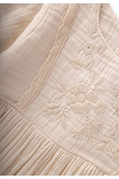 Cigit Organik Nakışlı Dantel Detaylı Müslin Elbise 1-10 Yaş Naturel
