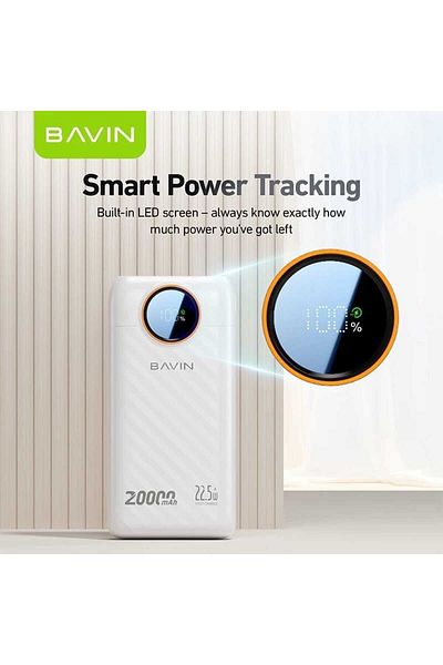 Bavin 20000mAh 22.5W Power Bank with PD Port, USB Ports, 2 Built-in Cables, and White Display