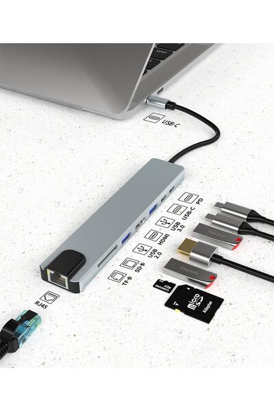 Rabelix Online Marketing 8in1 Hub USB Çoklayıcı Type-C 4K Hdmı SD TF Kart Oku...