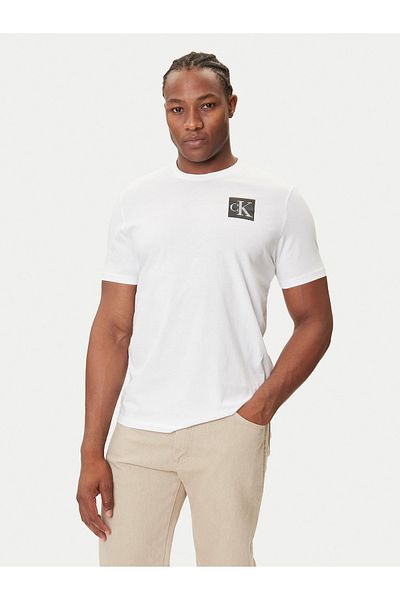 Calvin Klein Men's 100% Cotton Round Neck Short Sleeve White T-Shirt with Ck Logo on the Chest Lv04Rc859G-Yaa