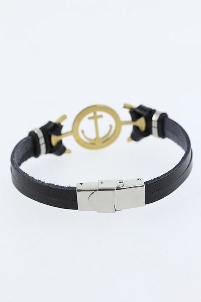 norsary Black Color Leather Men's Bracelet with Gold Color Sea Anchor Figure and Metal Accessories