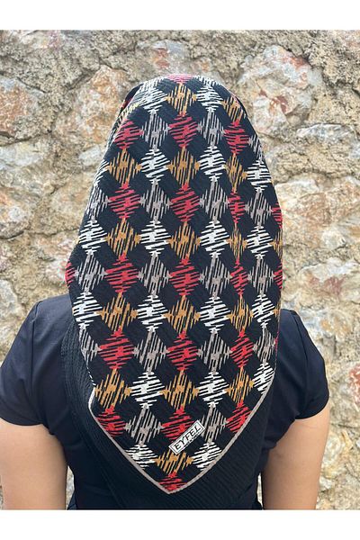 Sobe Hediyelik Ethnic Pattern Cotton Writing on Black Background – Colorful Square Motif Headscarf