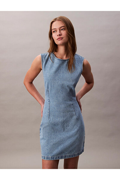 Calvin Klein Kadın Regular Fit Yuvarlak Yakalı Sırt Dekolte Detaylı Kolsuz Mini Pamuklu Denim Mavi Elbise LV047C7
