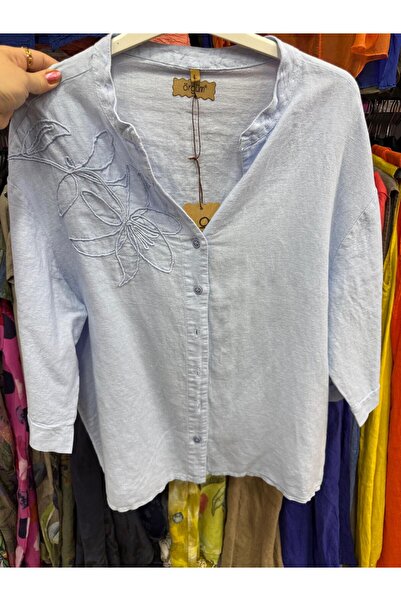 ÖRGÜM Yakası Nakışlı Keten Gömlek