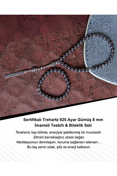 Saff Doğal Taş Sertifikalı Trehartz 925 Ayar Gümüş 8 mm İmameli Tesbih & Bile...