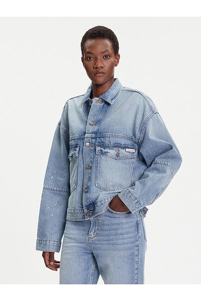 Calvin Klein Women's Comfortable Fit Button Closure Pocket Detail Off Shoulder Denim Blue Jacket Lv047C730G-X0N