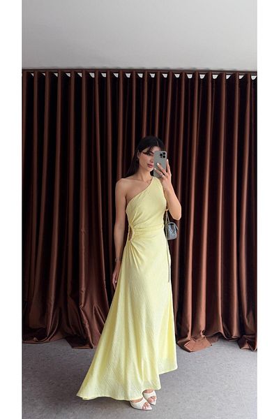 HAZELANNA Yellow Dress with One Shoulder Waist Detail