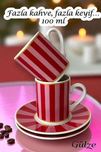 GÜLZE 2 Person (4 Pieces) Porcelain Li̇na Model Coffee Cup Set (Special Design, Pure Porcelain)