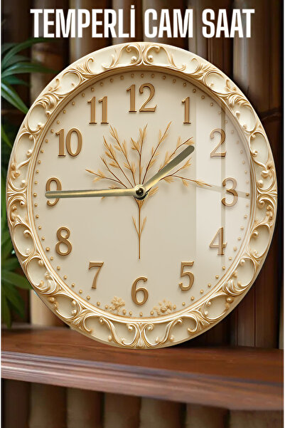 kutuTR Krem Altın Motifli 3D Görünümlü Temperli Cam Saat – 33 cm CSDW176