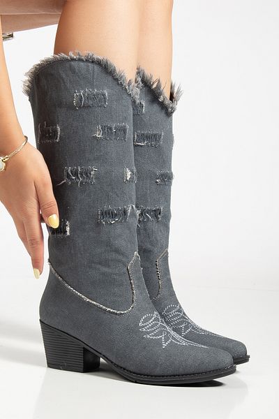 MS SUGAR SHOES Women's Ripped Detailed Denim Boots Embroidered Cowboy Style Cowgirl