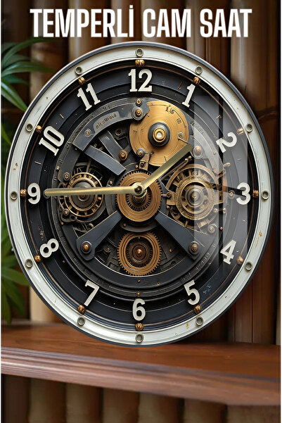 kutuTR Steampunk Tarzı Tasarım 3D Görünümlü Temperli Cam Saat – 33 cm CSDW184