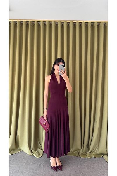 HAZELANNA Halter Neck Lycra Plum Dress