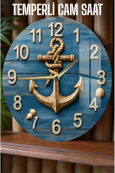 kutuTR Çapa ve Deniz Kabukları Desenli 3D Görünümlü Temperli Cam Saat – 33 cm CSDW169