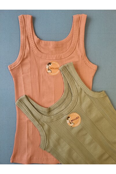 Demirsa Boutique Cotton Combed Camisole Fabric Thick Strap Oval Neck Powder and Green Women's 2-Piece T-Shirt Undershirt