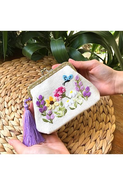 Home 15X10 Measures Linen Fabric Handcrafted Wildflower Mini Wallet 100% Handcrafted