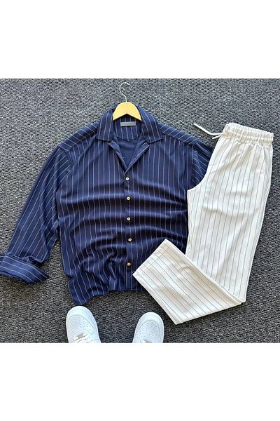 NewCabin New Season Premium Crepe Fabric Striped Shirt-Pants Set of 2