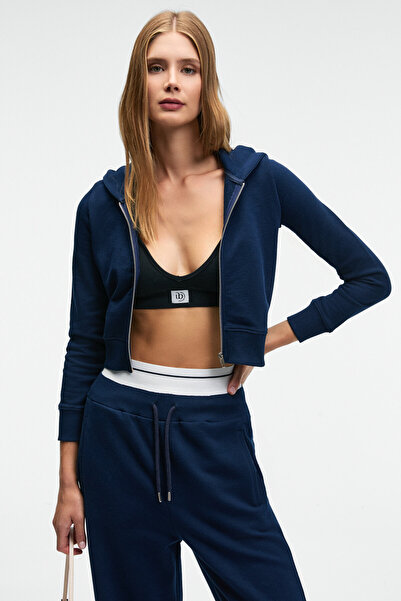 GRIMELANGE COSIMA Жіночий металевий застібний капюшонний кроп-светр синього кольору