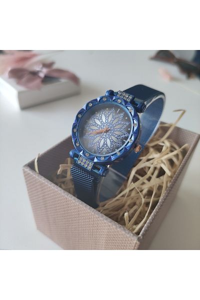 Skymag Ceas dama albastru floral, bratara metalica cu inchidere magnetica, quartz