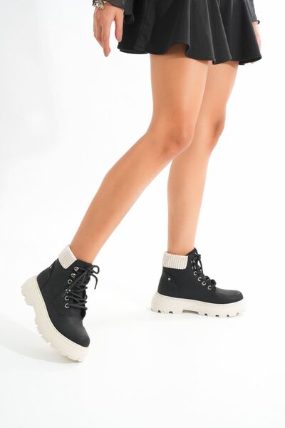 Budi Lmç-2045 Black-Beige Sole Lace-Up Thick Sole Women's Daily Boots