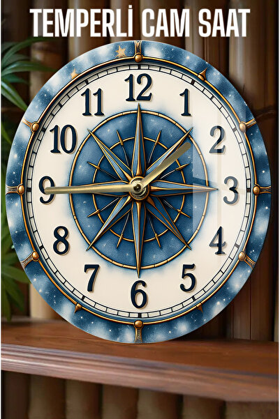 kutuTR Pusula Desenli Tasarım 3D Görünümlü Temperli Cam Saat – 33 cm CSDW170