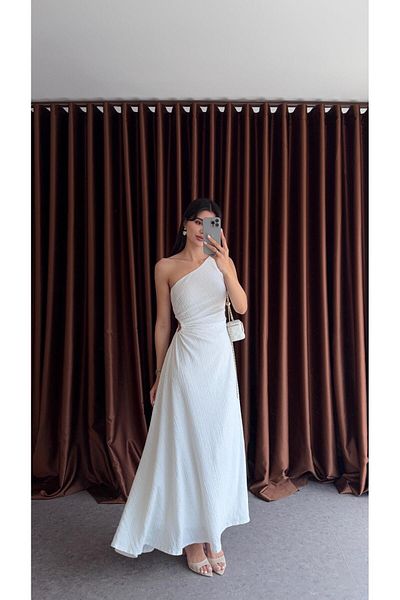 HAZELANNA White Dress with One Shoulder Waist Detail