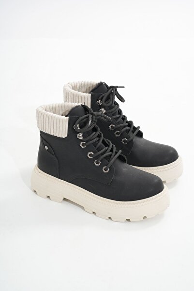 Budi Lmç-2045 Black-Beige Sole Lace-Up Thick Sole Women's Daily Boots