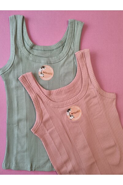 Demirsa Boutique Cotton Combed Camisole Fabric Thick Strap Oval Neck Powder and Green Women's 2-Piece T-Shirt Undershirt