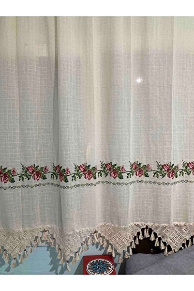 DENBU TEKSTİL Κόκκινο κεντητό βαμβακερό ύφασμα δαντέλας χειροποίητο κεντητό ύφασμα σκίαστρο κουρτίνα Buldan Bodrum İşi