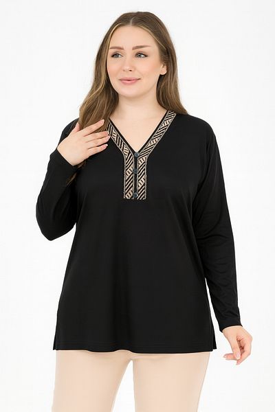 Ravencia Women's Middle Age and Above V-Neck Patterned Slit Black Mother Combed Cotton Blouse